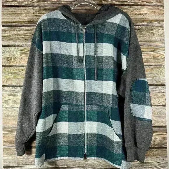 Men's Fluid International Zip Plaid Sweatshirt Hoodie w/Elbow Patch Size Medium - Picture 1 of 6
